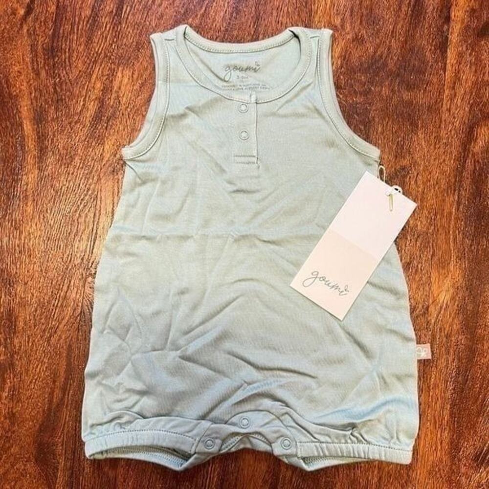 NWT Goumi Kids Sea Glass Baby Romper SZ 3-6mo Blue Bamboo Organic Cotton Shortie